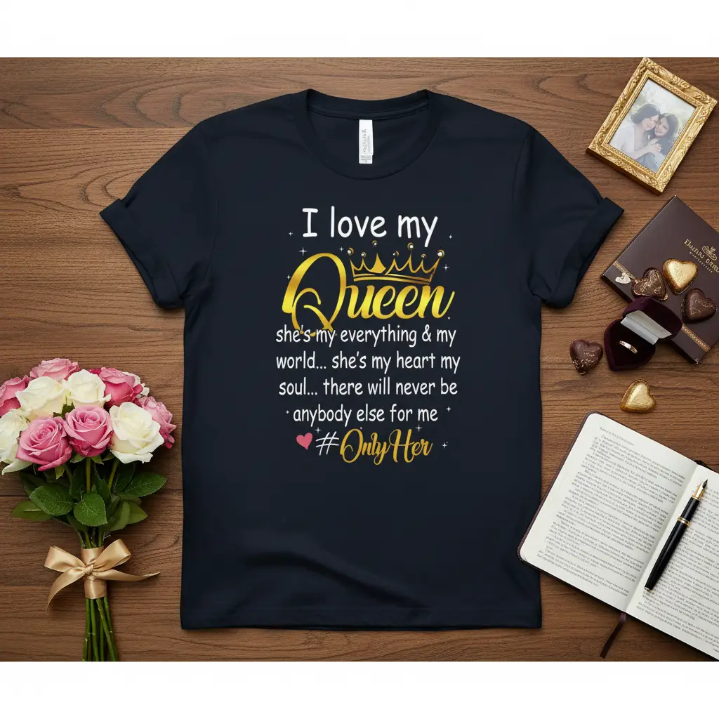 I love my Queen quote tee featuring gold crown and romantic text about her being everything