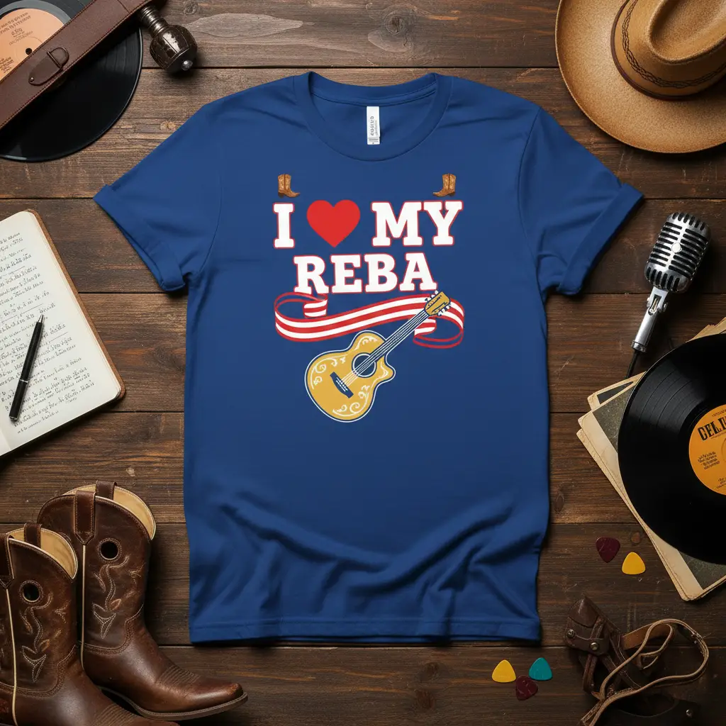 I Love My Reba text with red heart, acoustic guitar, and cowboy boots on a blue tee