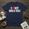 I Love My Shitzu t-shirt with a red heart and cartoon Shih Tzu face