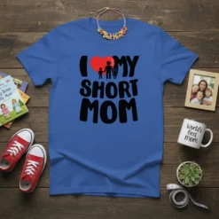 I Love My Short Mom t-shirt design with black bold text and a red heart graphic, featuring stick figures of