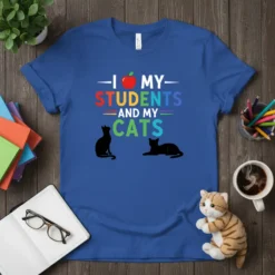 I Love My Students And My Cats t-shirt with colorful text, an apple icon, and two black cat silhouettes