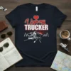I Love my TRUCKER t-shirt design with a semi-truck on a road and mountains, featuring red heart and text