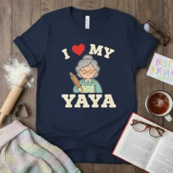 I Love My Yaya graphic t-shirt design with a cute illustration of a grandmother holding a rolling pin