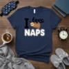 I love NAPS t-shirt design with a cute sloth hanging on a branch and bold white text reading NAPS