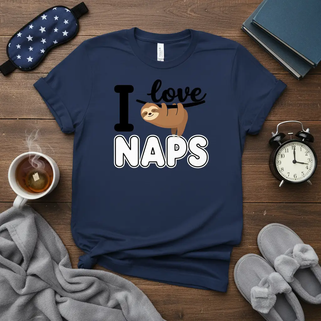 I love NAPS quote design with a hanging sloth and bold white NAPS text on a t-shirt