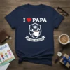 Navy t-shirt with "I Love Papa My Hero My Friend" text and a shield graphic containing a crown, wrench, hammer