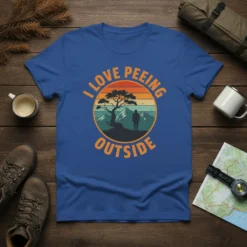 I Love Peing Outside humorous quote t-shirt design featuring a silhouette of a person in a mountain landscape at sunset