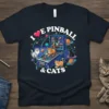 I Love Pinball and Cats t-shirt design with cats playing on a retro pinball machine in space