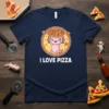 I Love Pizza text with a cute pink axolotl holding a pizza, on a navy blue t-shirt