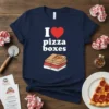 Navy t-shirt with white text "I Love Pizza Boxes" and a graphic of stacked pizza boxes