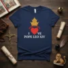 I Love Pope Leo XIV T-Shirt featuring a red heart and papal tiara design