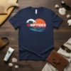 Navy blue t-shirt with a graphic of a wave and sunset, featuring the text "I Love Riptides" and a red