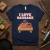 I LOVE SAUSAGE text design with cartoon sausages on a wooden platter, featuring a navy blue t-shirt