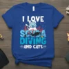 I LOVE SCUBA DIVING AND CATS text with a cartoon cat in goggles and a scuba diver silhouette on a