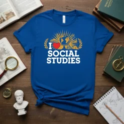 Blue t-shirt with white text "I Love Social Studies" and a graphic featuring a heart, globe, and educational icons