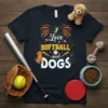 I Love Softball and DOGS graphic tee with cartoon dogs, baseball bats, and fireworks