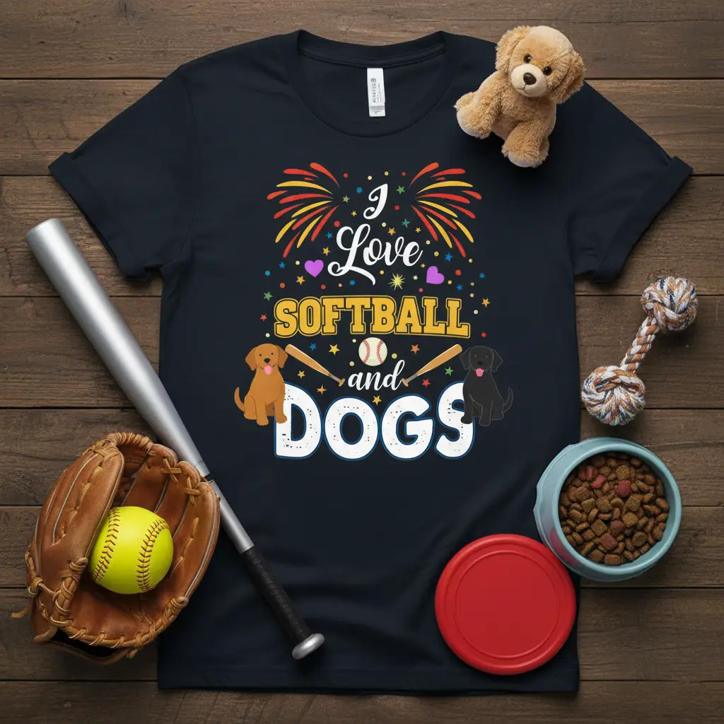 I Love Softball and DOGS graphic tee design featuring cartoon dogs and baseball elements