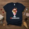 I Love Sundaes graphic tee featuring a colorful ice cream sundae illustration and bold text