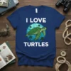 I Love Turtles T-Shirt with a graphic of a sea turtle and baby turtles swimming in the ocean