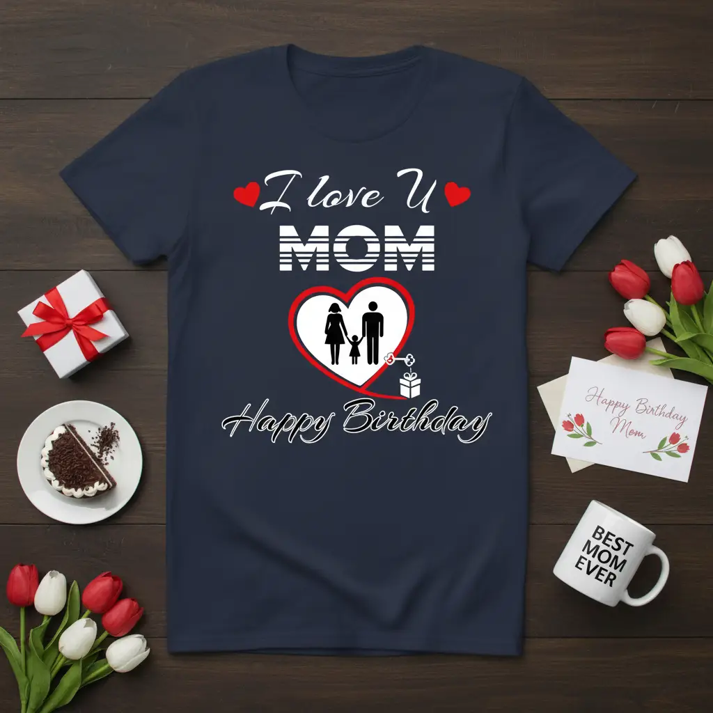 I love U MOM Happy Birthday text with family silhouette and heart graphic on a navy tee