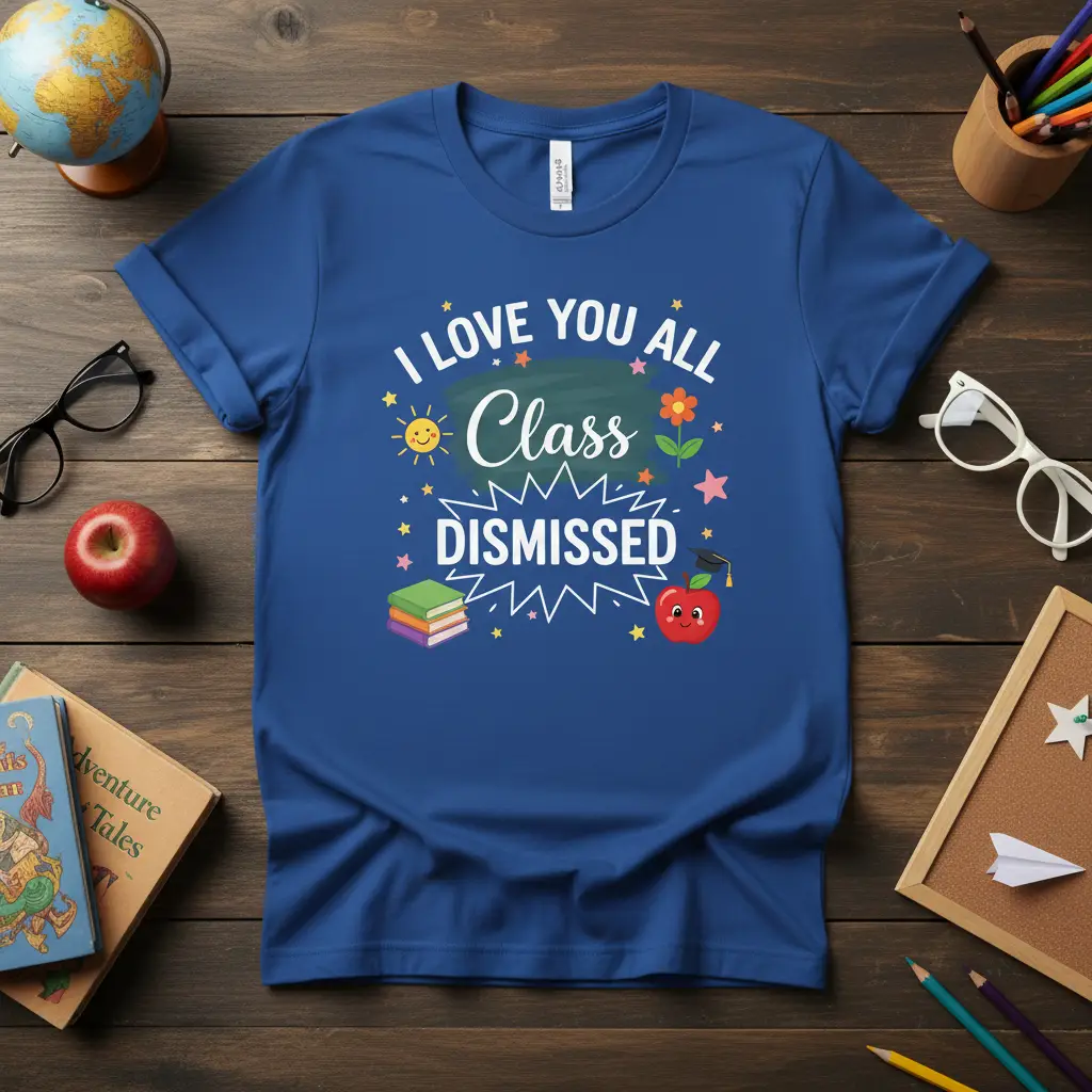 I LOVE YOU ALL Class DISMISSED quote design with cheerful teacher-themed graphics like sun, books, and apple