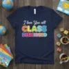 I love You all CLASS DISMISSED text in colorful bubble letters on a navy t-shirt, perfect for teachers