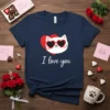 I love you t-shirt with a white cat wearing heart sunglasses and a red heart graphic