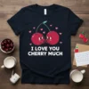 I Love You Cherry Much text design with two cute cherries holding hands and pink hearts on a navy t-shirt