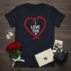Navy t-shirt with bold red heart design and white "I LOVE YOU" text, including a small white heart below