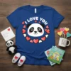 I LOVE YOU text with a cute panda face surrounded by hearts on a blue t-shirt