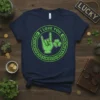 I LOVE YOU t-shirt with a green rock hand, shamrock, and Celtic knot design