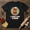 I Love You S'more text with a cute cupcake and strawberries graphic on a black t-shirt