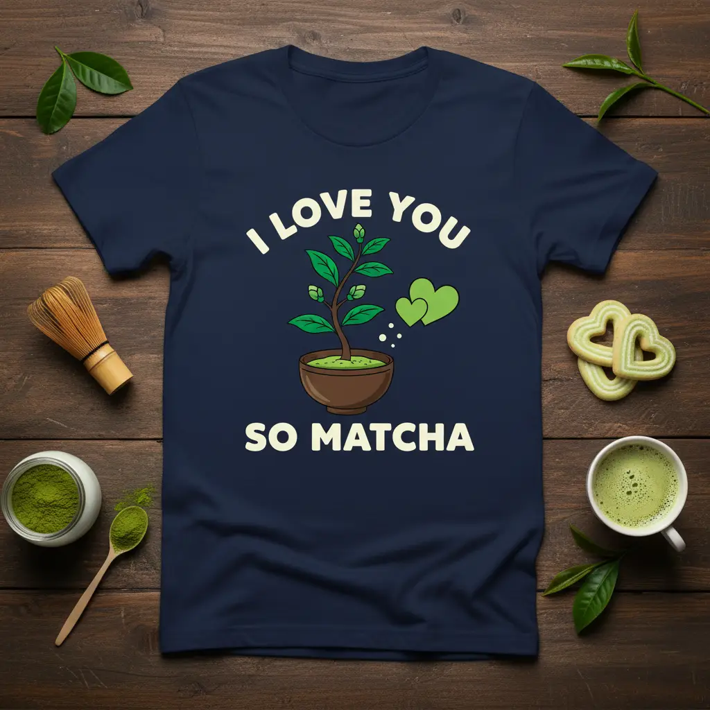 I Love You So Matcha quote with a cute potted plant and green hearts graphic on a t-shirt