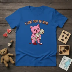 I LOVE YOU TO BITS! text above a pink cartoon cat hugging a voodoo doll with blood splatters