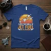 T-shirt design with text "I Love The Smell Of Jet Fuel In The Morning" and vintage sunset graphic with fighter