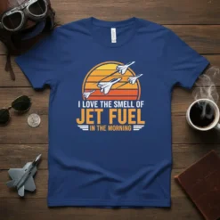 T-shirt design with text "I Love The Smell Of Jet Fuel In The Morning" and vintage sunset graphic with fighter