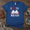 "I Love To Read" text design with a heart symbol and an open book surrounded by flames on a royal
