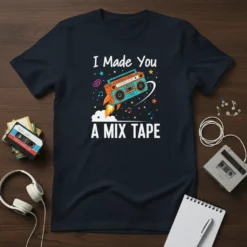 I Made You A Mix Tape t-shirt with a retro boombox on a rocket, surrounded by stars and musical notes