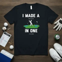 Funny golf t-shirt with the quote "I Made a Bogey On Every In One Of The Ponds" and a golfer