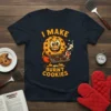 I Make Burnt Cookies funny baking quote t-shirt with a cartoon cookie character holding a tray of burnt cookies