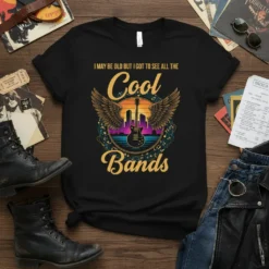 T-shirt with "I May Be Old But I Got To See All The Cool Bands" text, featuring a guitar with