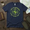 Navy t-shirt with "I May Be Wandering But I'm Not Lost" quote and compass graphic