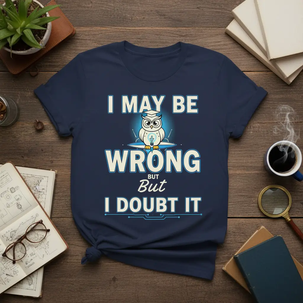 I May Be Wrong But I Doubt It quote with wise owl graphic on comfortable t-shirt