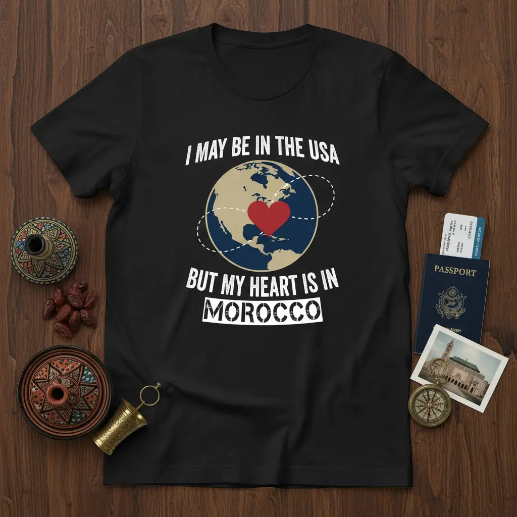I May Be In The USA But My Heart Is In Morocco text with globe and heart graphic on black t-shirt