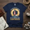Navy t-shirt with "I May Look Like I'm Listening But I'm Thinking About Lighthouse" text and a graphic of a