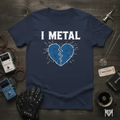 Navy blue t-shirt with white "I METAL" text above a blue cracked heart graphic
