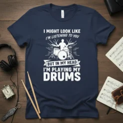 T-shirt with white text reading "I Might Look Like I'm Listening To You But In My Head I'm Playing My