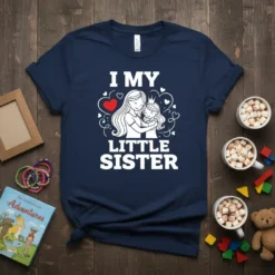 I My Little Sister quote with a drawing of two sisters hugging, hearts, and a crown on a navy blue