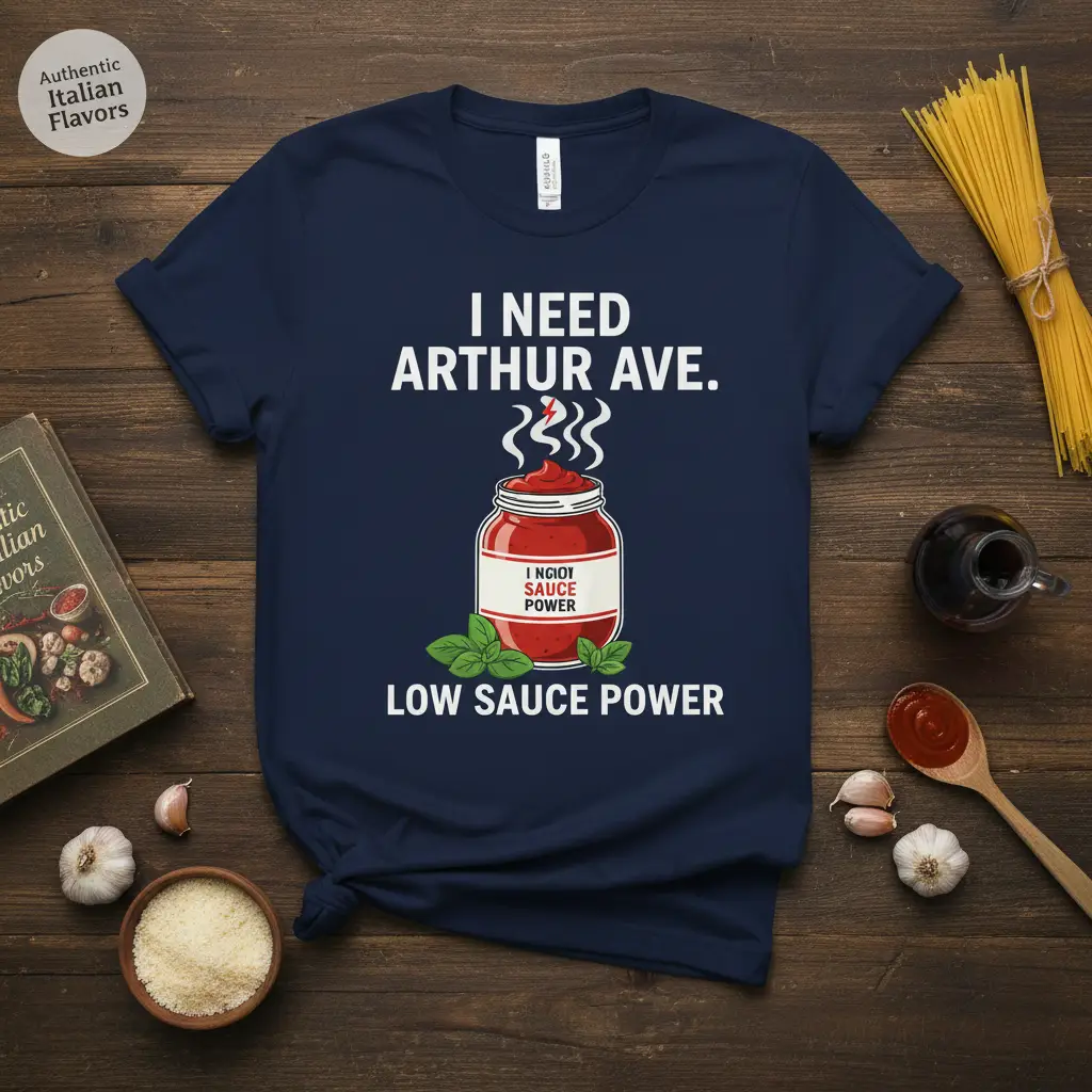 I Need Arthur Ave. Low Sauce Power Italian food t-shirt design with sauce jar graphic