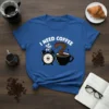 I Need Coffee t-shirt design featuring an alarm clock and a steaming coffee cup